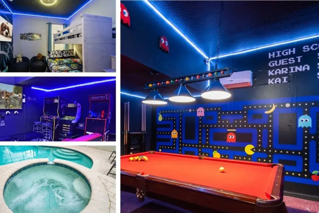 Games room galore and a themed bedroom. This vacation home near Disney has a private pool and arcade games.