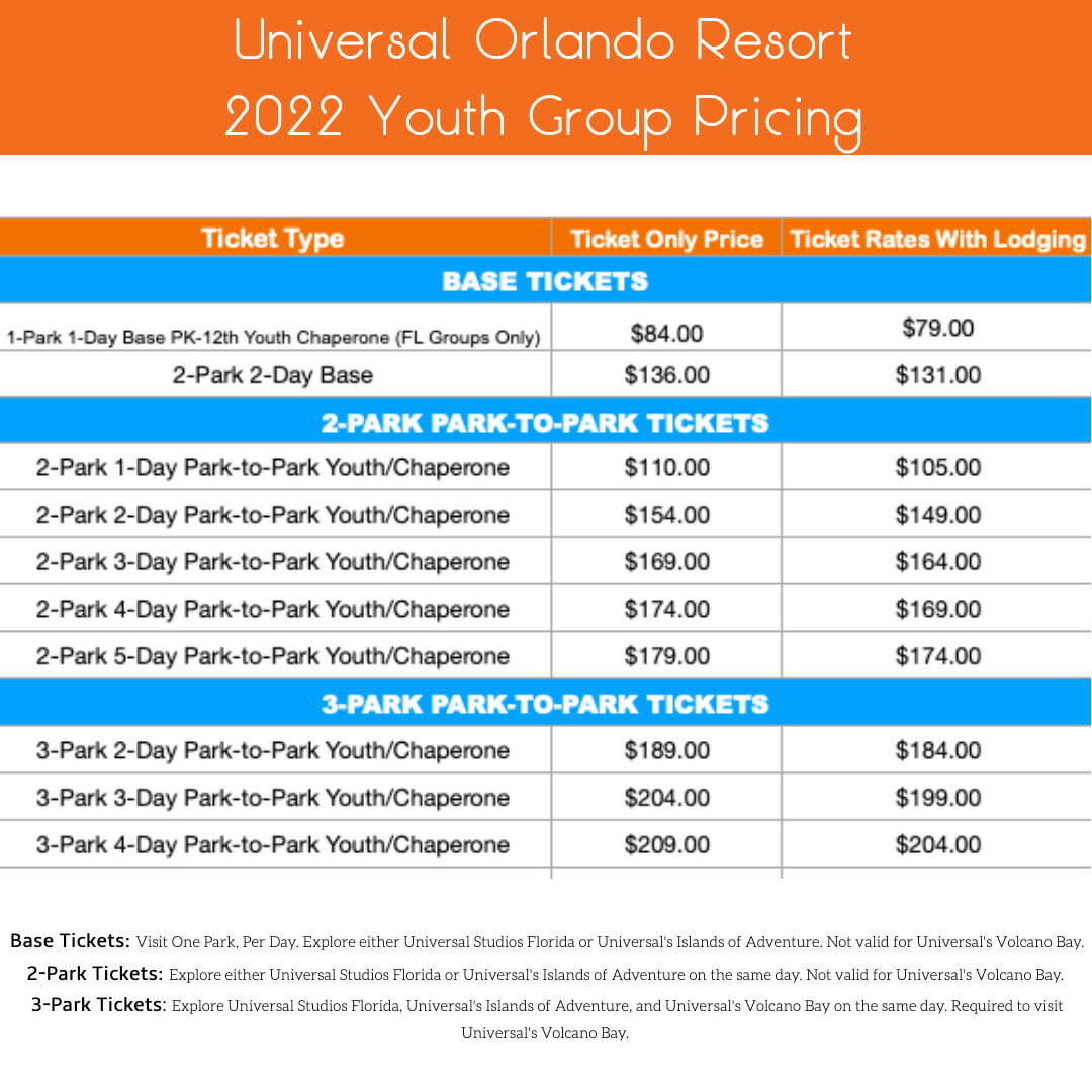 2022 Universal Youth Group Pricing